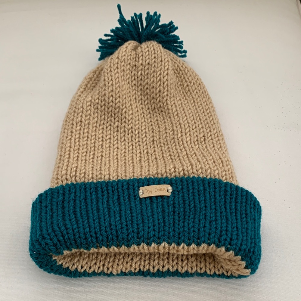 Cream and Teal Kids Warm Hand Knit Hat